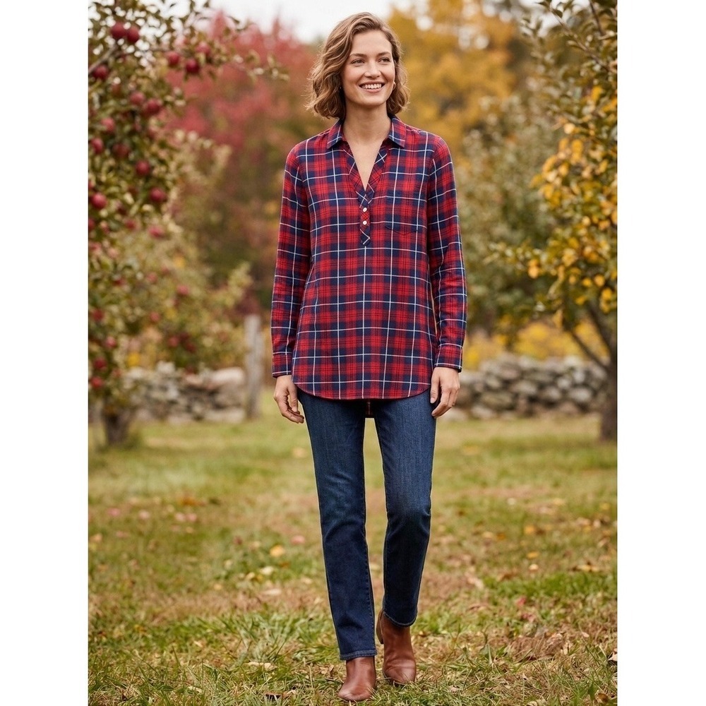 J.Crew Womens Red Navy Blue Plaid Cotton Flannel Popover Tunic Top AS360 XS NWT
